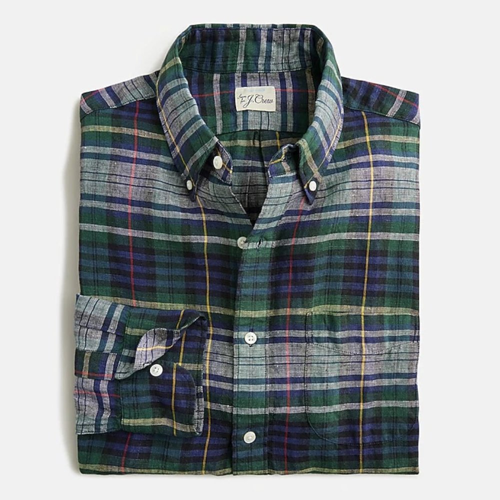 NWT J Crew Baird McNutt 100% Irish Linen Green Tartan Plaid Slim Fit LS Shirt